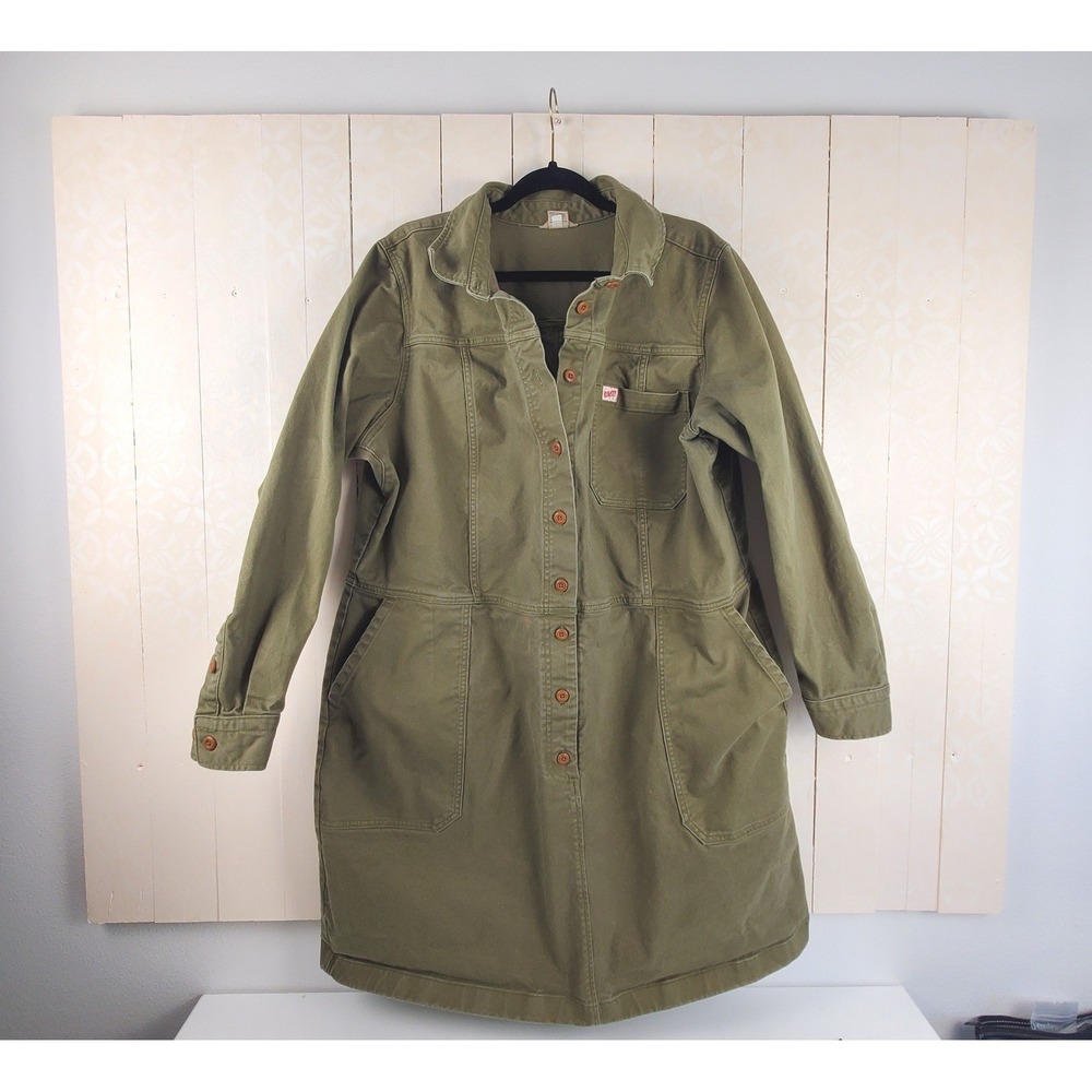 Duluth Trading Co Womens XXL Olive Green Canvas Button Front Utility Shirt Dress